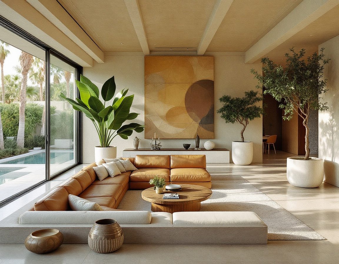Sunken living room with fiddle-leaf fig, olive tree and pool view