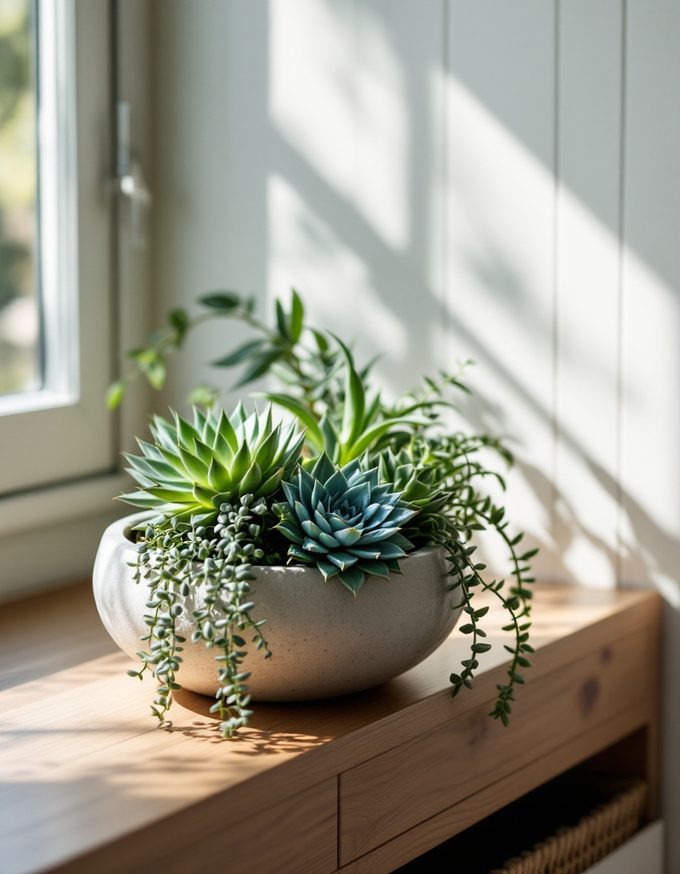 Echeveria succulent arrangement in a carved stone bowl