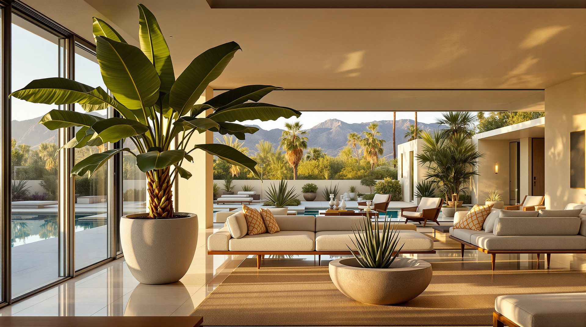 Sunlit Palm Springs living room with walls of glass, a giant white bird of paradise and sculptural desert plants in stone planters