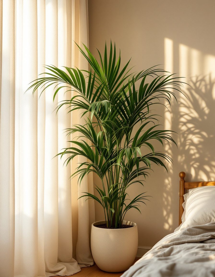 A healthy kentia palm in a handmade ceramic planter beside soft linen curtains