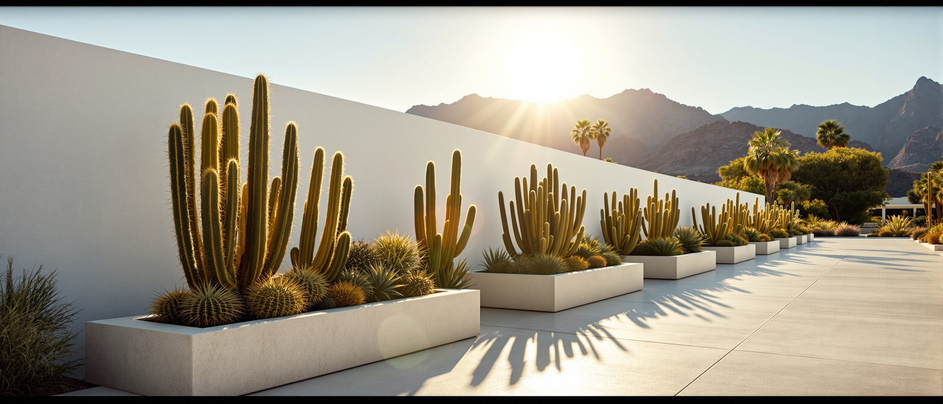 Sculptural columnar cacti and golden barrels massed in white stone planters casting long desert shadows