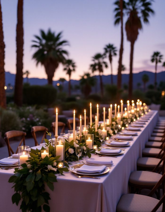 Long alfresco dinner table dressed with lush greenery and candlelight