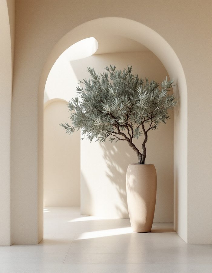 Sculptural faux olive tree in a minimalist plaster alcove