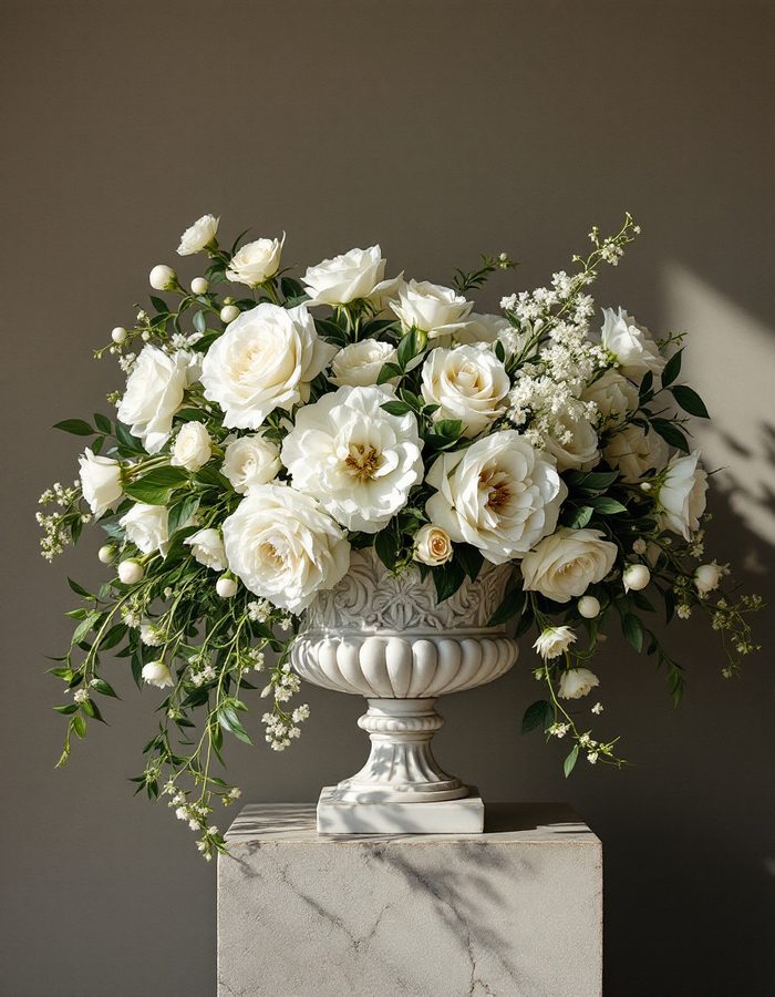 White orchid and garden rose arrangement in a carved stone vessel